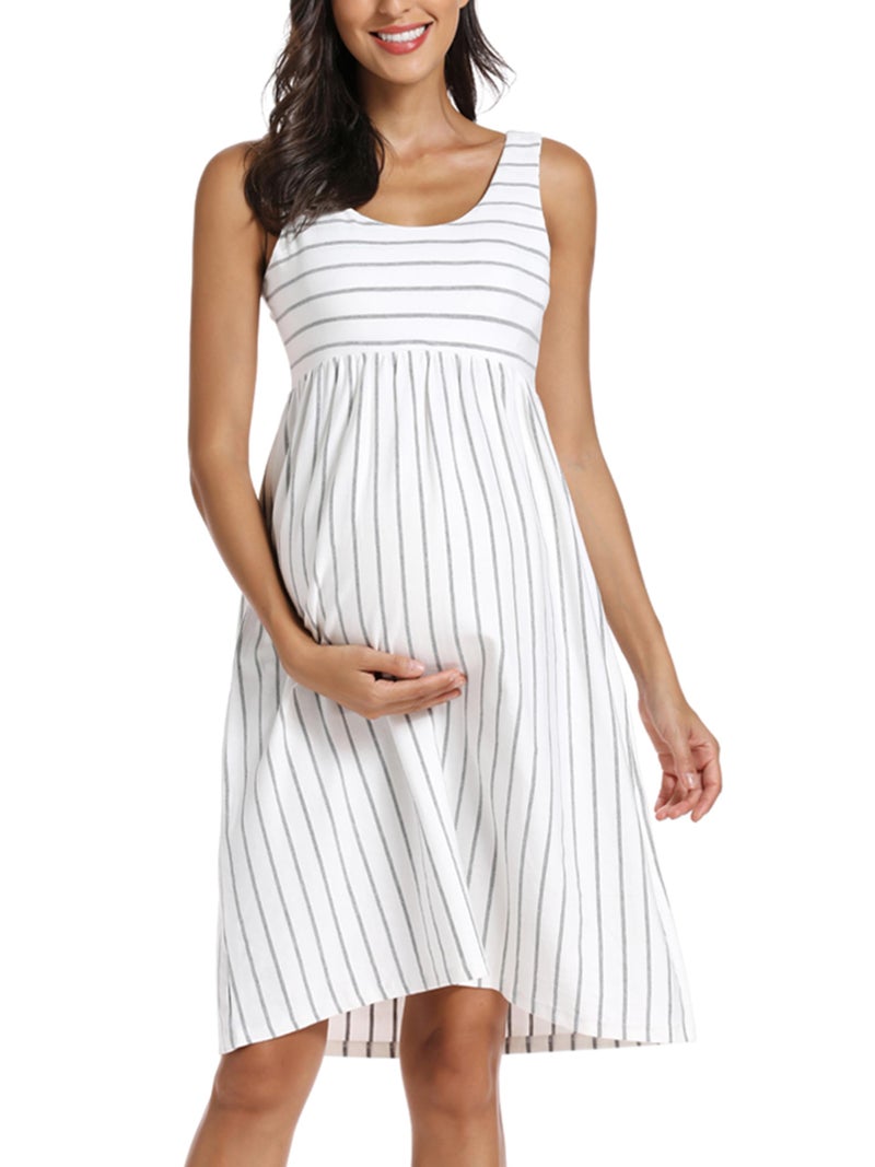 Ecavus Womens Maternity Tank Dress Stripe Color Block Sleeveless Knee Length for Baby Shower - Image 1